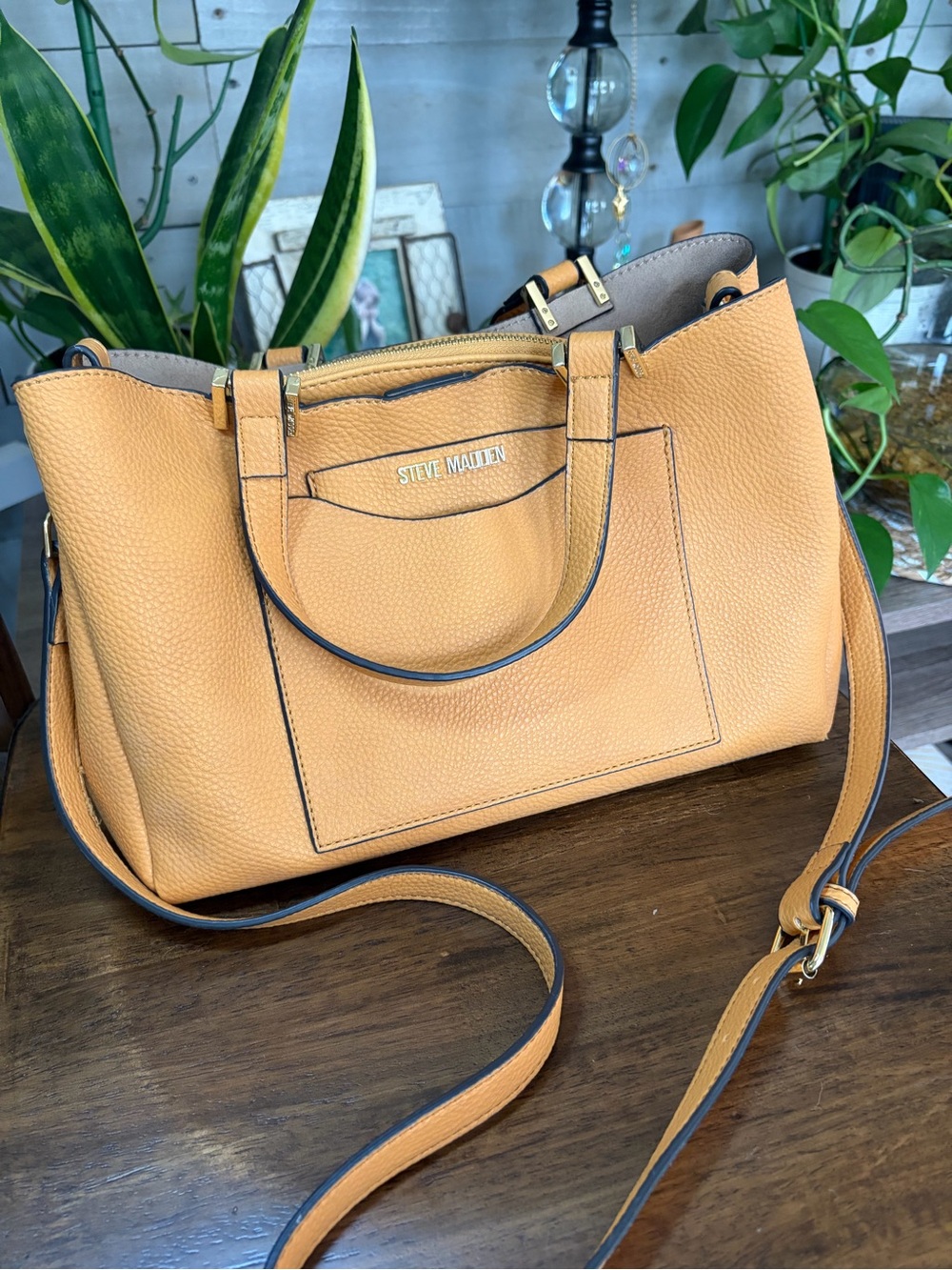 Steve Madden Mustard Pebbled Leather Satchel with Crossbody Strap